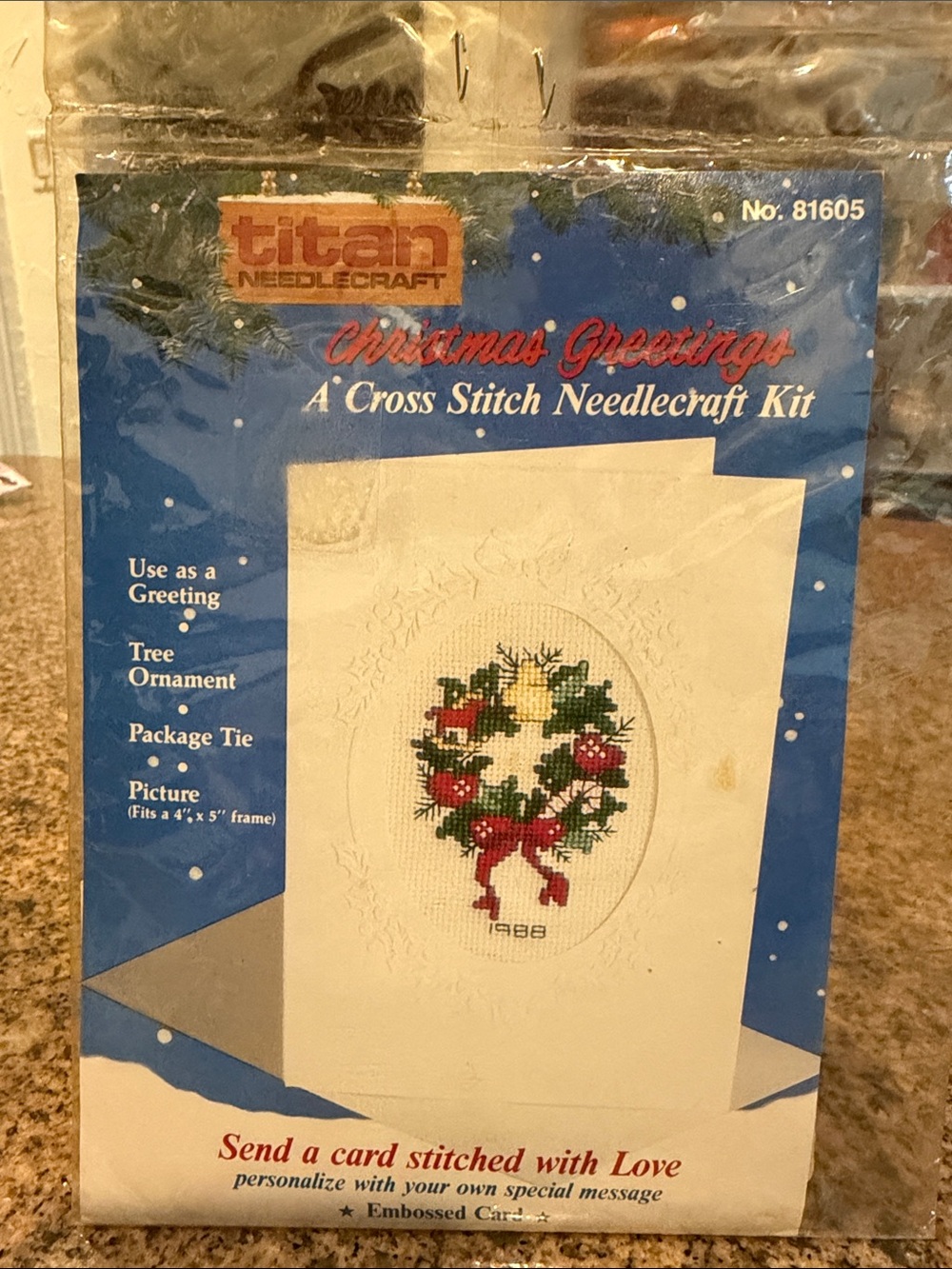 Vintage 1988 Titan Needlecraft Christmas Wreath Cross Stitch Card Kit 81605